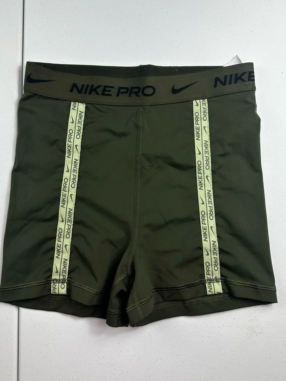 Nike Pro Olive Green Athletic Compression Shorts with Lime Trim
